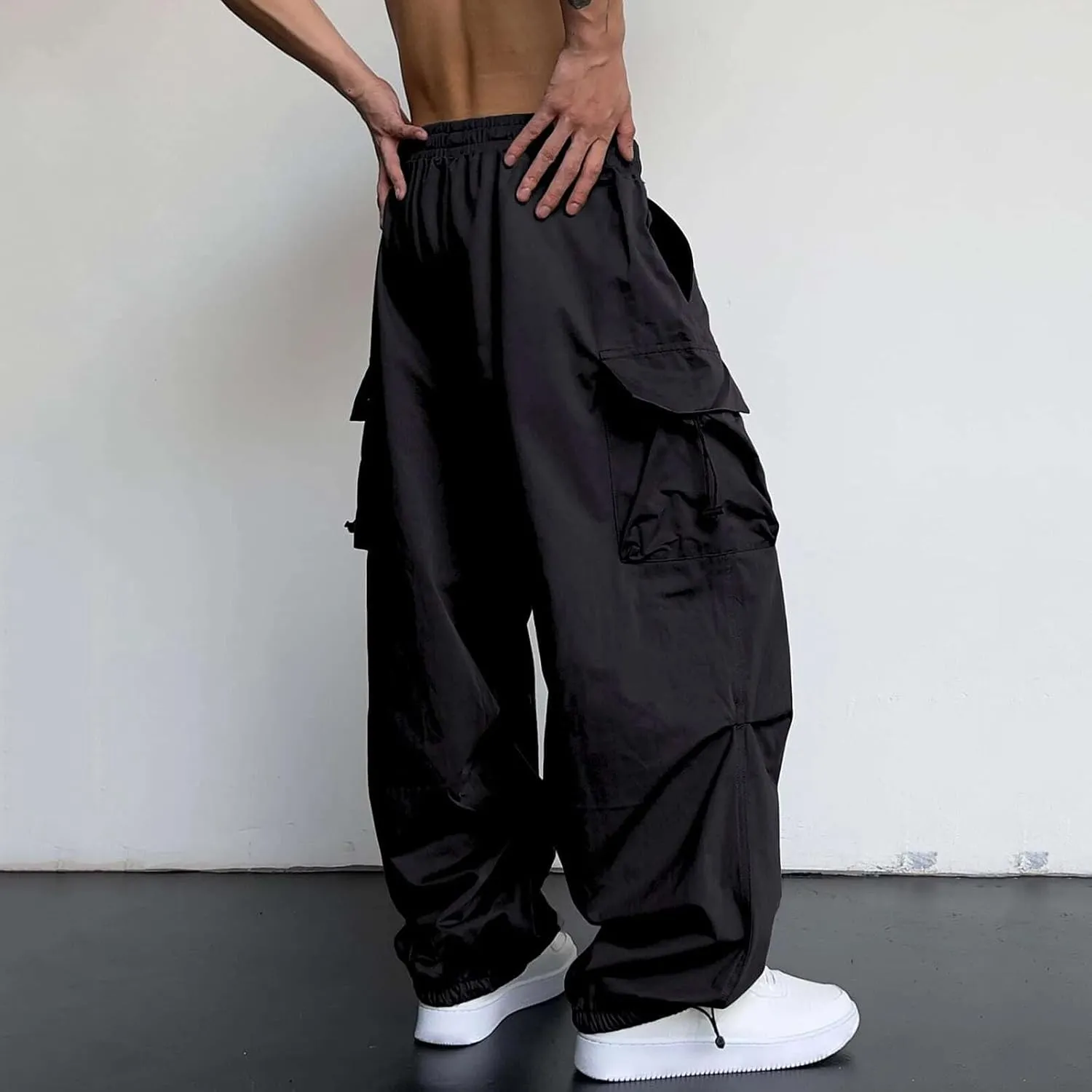 Men's Baggy Cargo Pants Trendy Casual Pants, Loose Fit Drawstring Rope Cargo Joggers with Pockets Streetwear