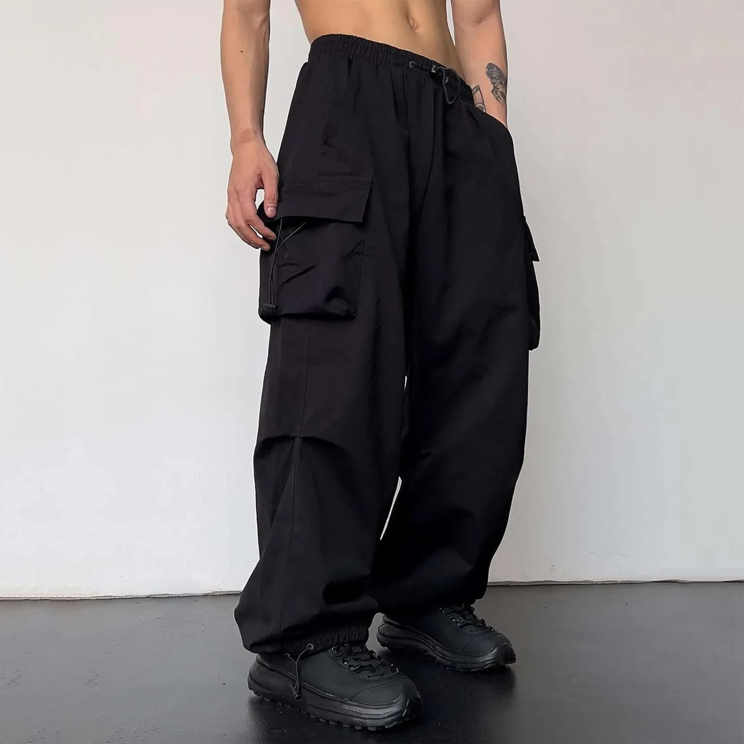 Men's Baggy Cargo Pants Trendy Casual Pants, Loose Fit Drawstring Rope Cargo Joggers with Pockets Streetwear