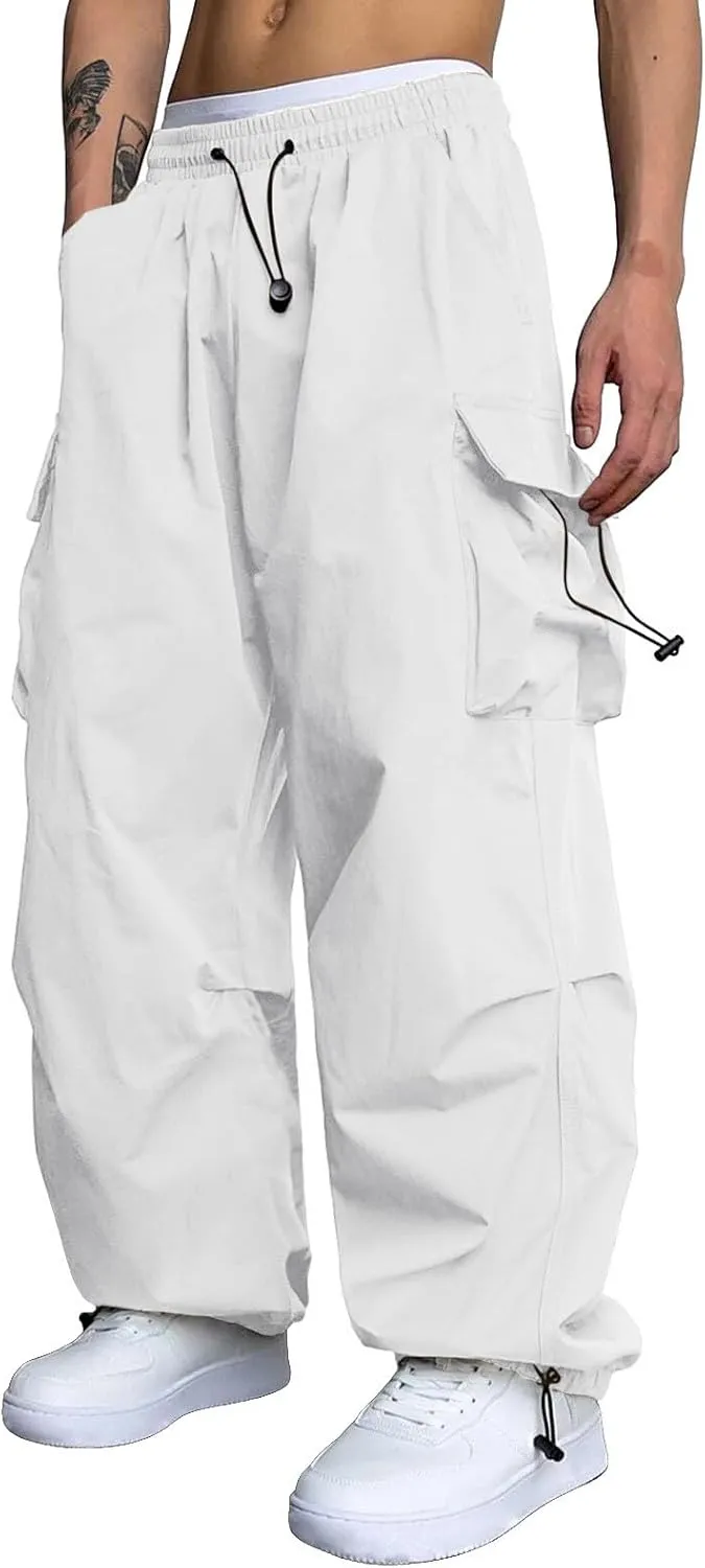 Mens Baggy Cargo Pants, Trendy Casual Sports Parachute Pant, Loose Fit Harem Joggers with Pockets for Streetwear