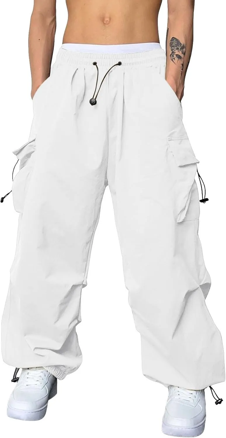 Mens Baggy Cargo Pants, Trendy Casual Sports Parachute Pant, Loose Fit Harem Joggers with Pockets for Streetwear