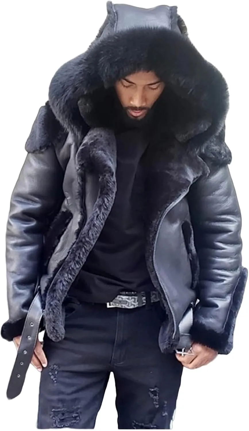 Mens Faux Leather Jacket Sherpa Lined Coat Faux Fur Hooded Jacket Oversized Hoodies Winter Overcoat Warm Top Outwear