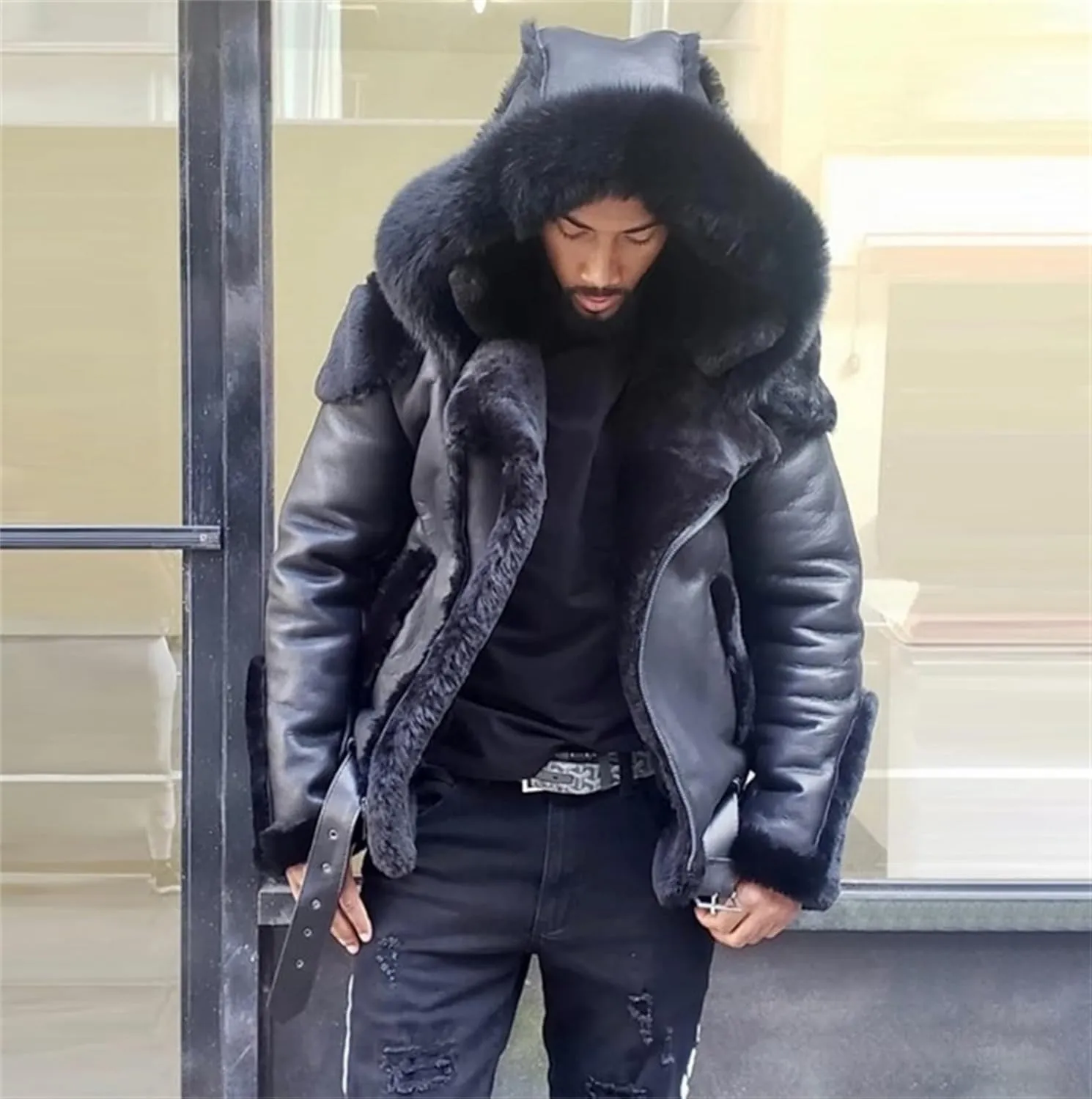 Mens Faux Leather Jacket Sherpa Lined Coat Faux Fur Hooded Jacket Oversized Hoodies Winter Overcoat Warm Top Outwear