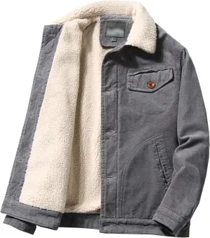 Men's Fleece Sherpa Lined Corduroy Trucker Jacket Warm Thickened Winter Coats Vintage Denim Lapel Button Coats