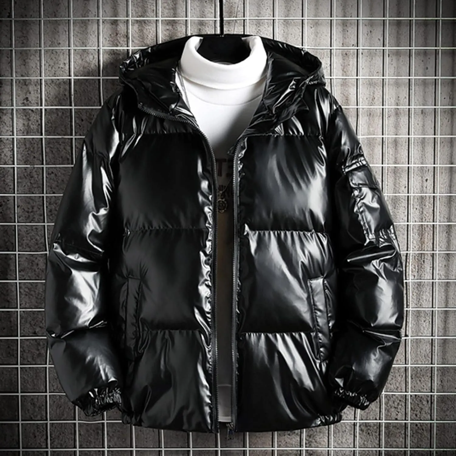 Men's Glossy Padded Winter Hood Coat Shiny Reflective Cotton Padded Hooded Trendy Plus Size Plus Size Hooded Coat