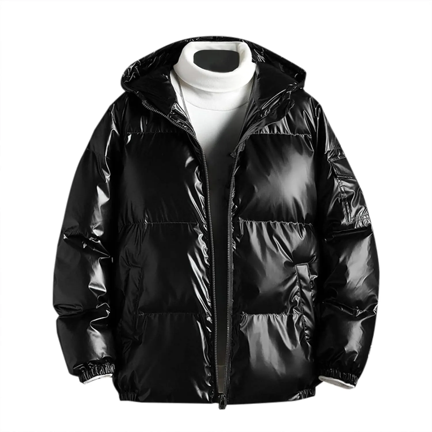 Men's Glossy Padded Winter Hood Coat Shiny Reflective Cotton Padded Hooded Trendy Plus Size Plus Size Hooded Coat