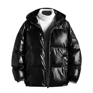 Men's Glossy Padded Winter Hood Coat Shiny Reflective Cotton Padded Hooded Trendy Plus Size Plus Size Hooded Coat