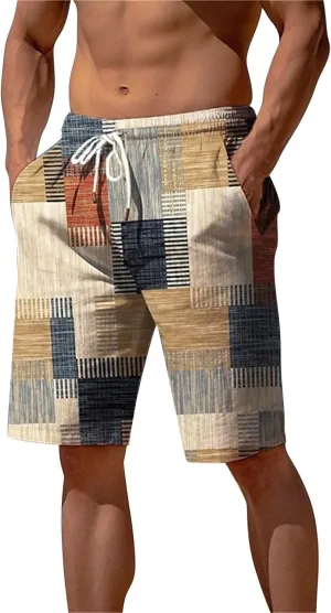 Mens Hawaiian Shorts Printed Plaid Drawstring Lightweight Breathable Vintage Trendy Short Pants Summer Beach Trousers