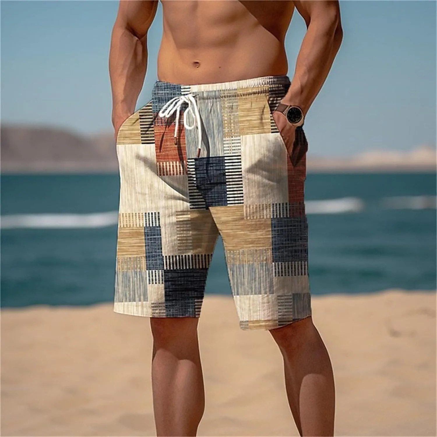 Mens Hawaiian Shorts Printed Plaid Drawstring Lightweight Breathable Vintage Trendy Short Pants Summer Beach Trousers