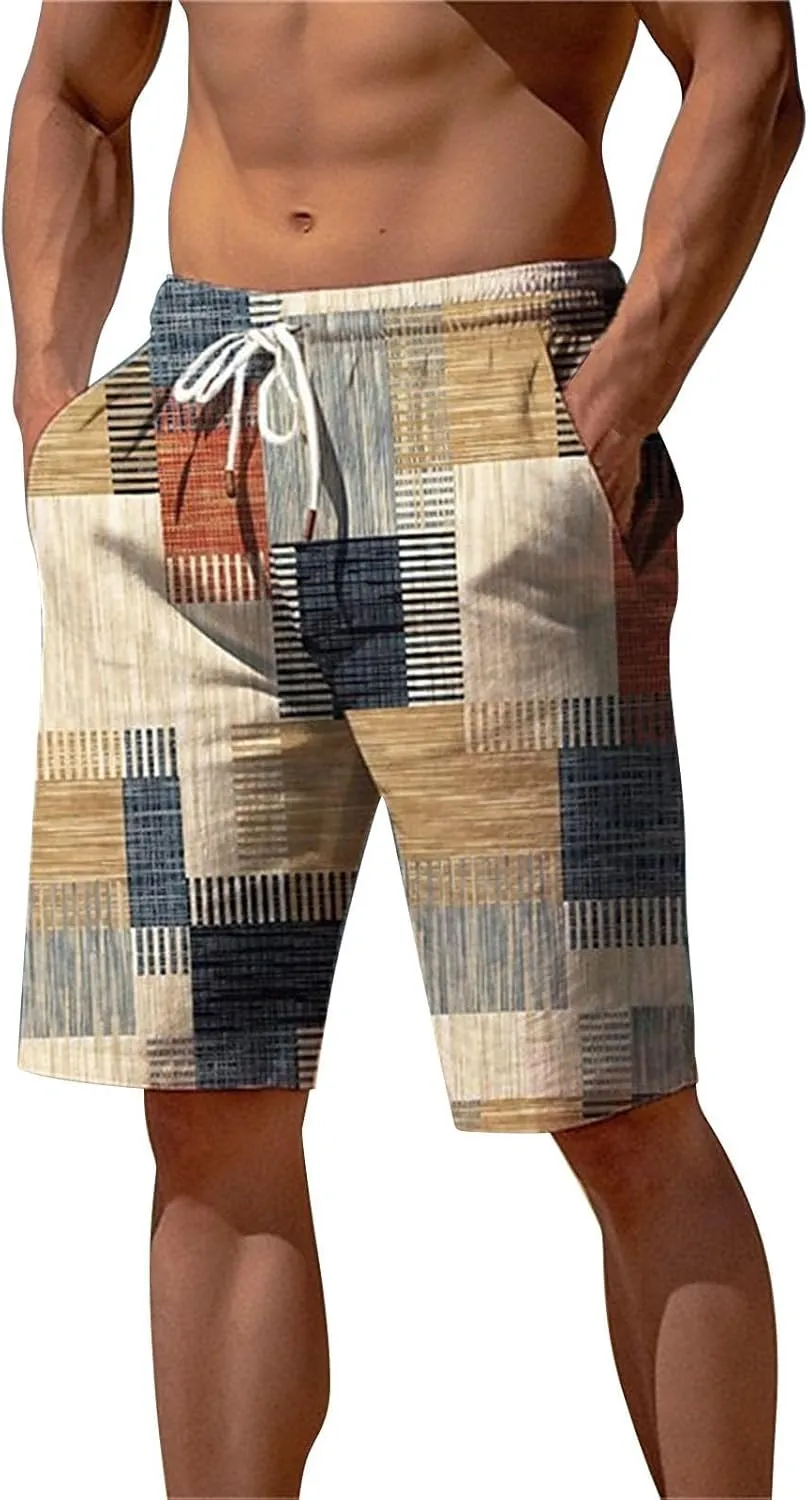 Mens Hawaiian Shorts Printed Plaid Drawstring Lightweight Breathable Vintage Trendy Short Pants Summer Beach Trousers