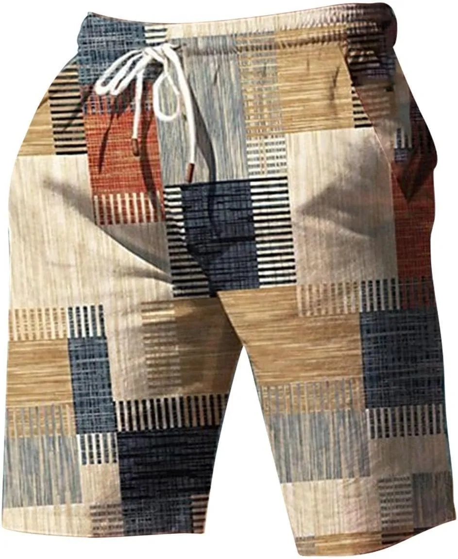Mens Hawaiian Shorts Printed Plaid Drawstring Lightweight Breathable Vintage Trendy Short Pants Summer Beach Trousers