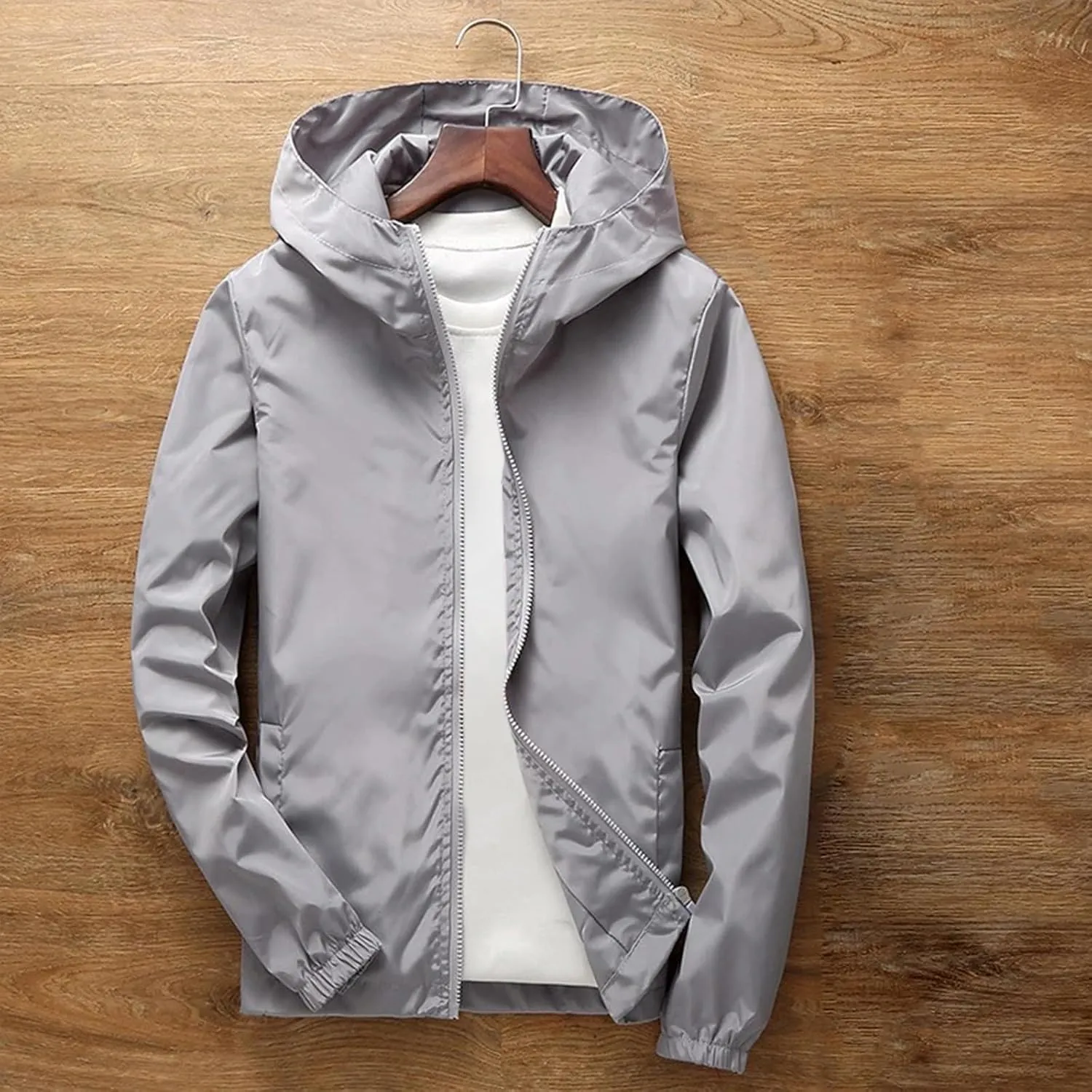 Mens Lightweight Waterproof Jacket Oversize Solid Full Zip Packable Windbreaker Raincoat Hiking Travle Athletic Coat
