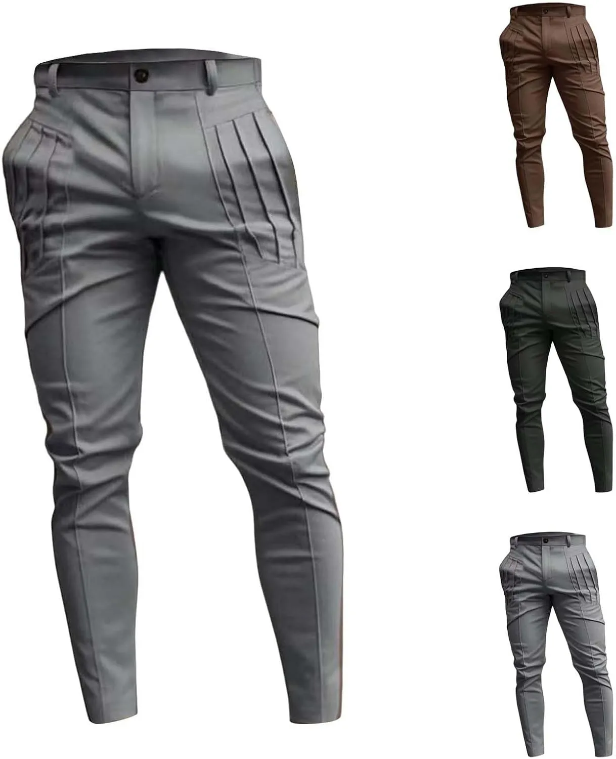 Mens Pleated Front Casual Pants Trendy Solid Pant Outdoor Fashion Slim Fit Trousers for Mens with Pockets