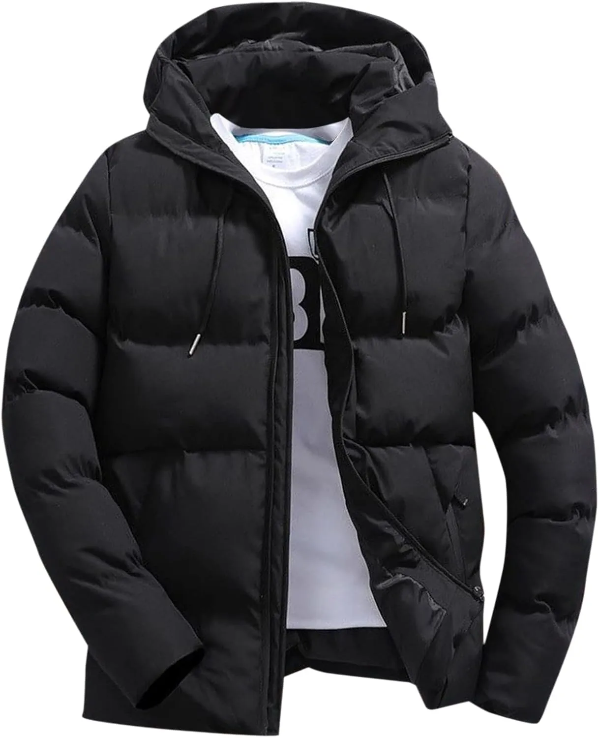 Mens Puffer Jacket Plus Size Winter Warm Thickened Hooded Down Coat with Drawstring Lightweight Packable Hunting Top