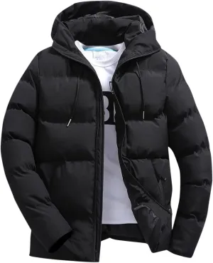 Mens Puffer Jacket Plus Size Winter Warm Thickened Hooded Down Coat with Drawstring Lightweight Packable Hunting Top