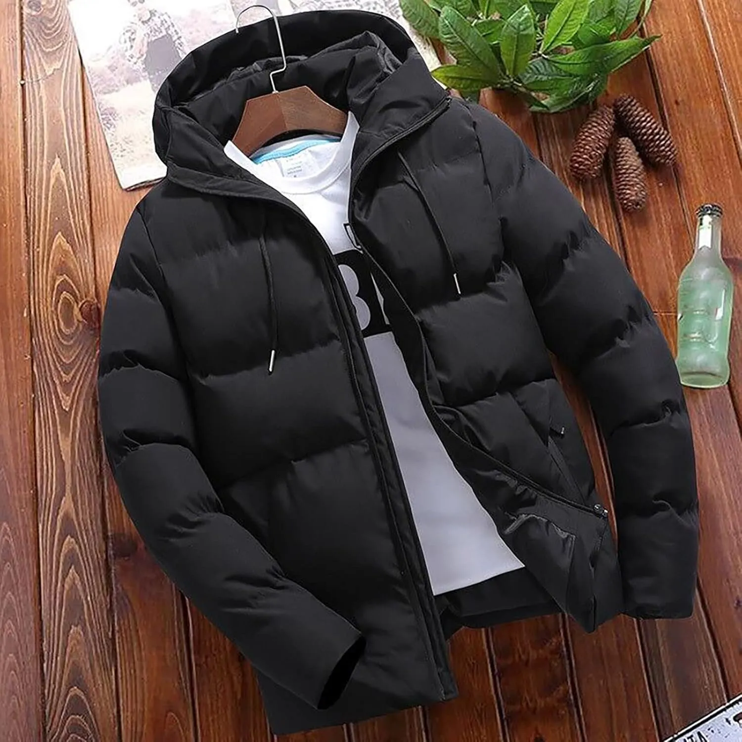 Mens Puffer Jacket Plus Size Winter Warm Thickened Hooded Down Coat with Drawstring Lightweight Packable Hunting Top