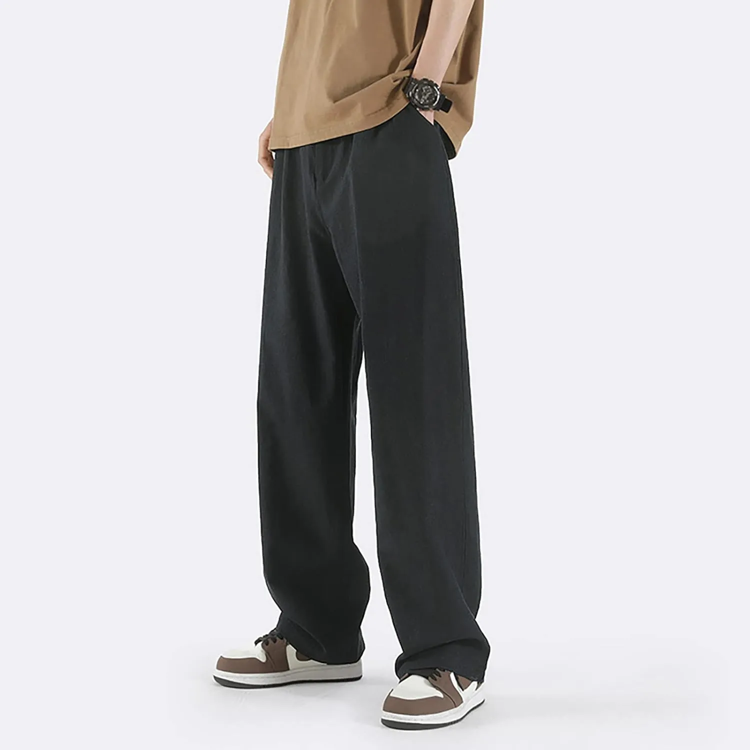 Mens Straight Leg Linen Pants Elastic Waist Drawstring Loose Summer Beach Trouser Trendy Resort Wear Comfort Lounge Pants