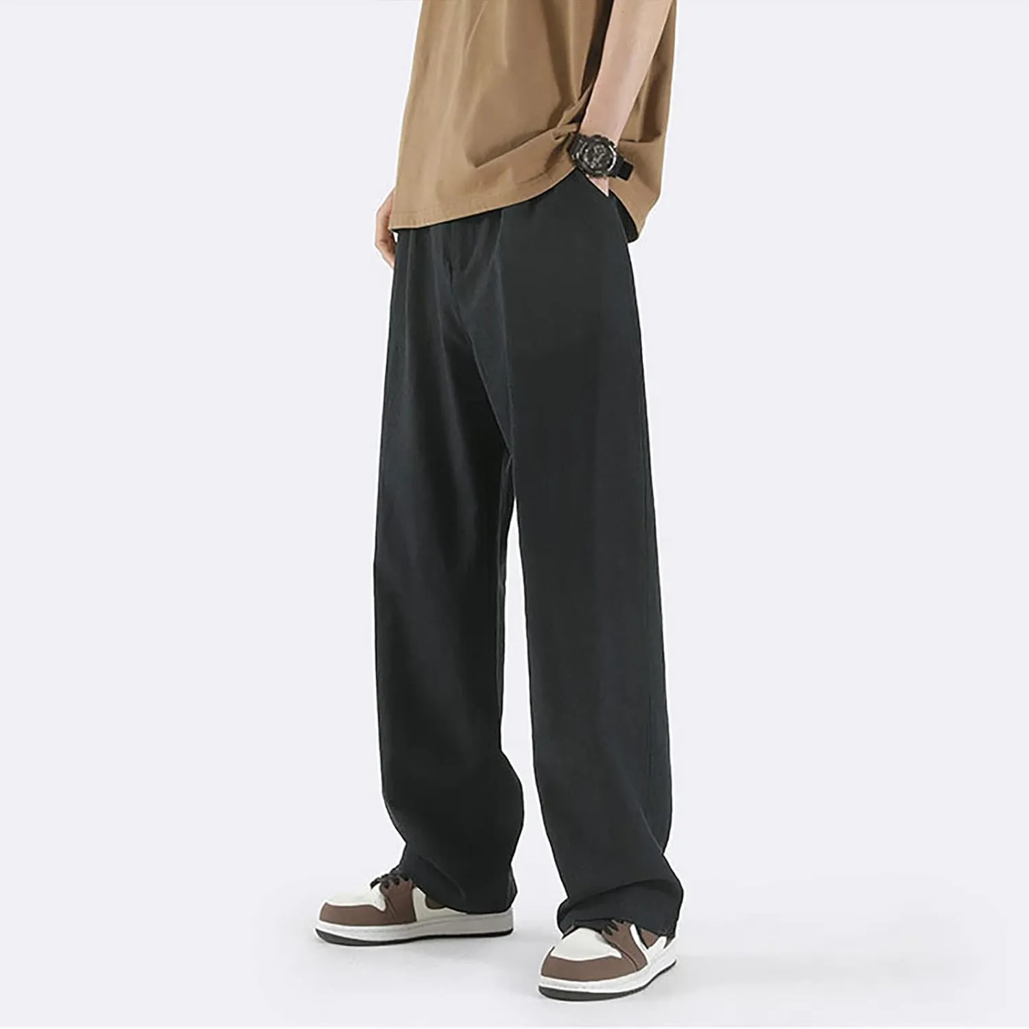 Mens Straight Leg Linen Pants Elastic Waist Drawstring Loose Summer Beach Trouser Trendy Resort Wear Comfort Lounge Pants