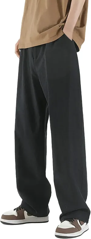Mens Straight Leg Linen Pants Elastic Waist Drawstring Loose Summer Beach Trouser Trendy Resort Wear Comfort Lounge Pants