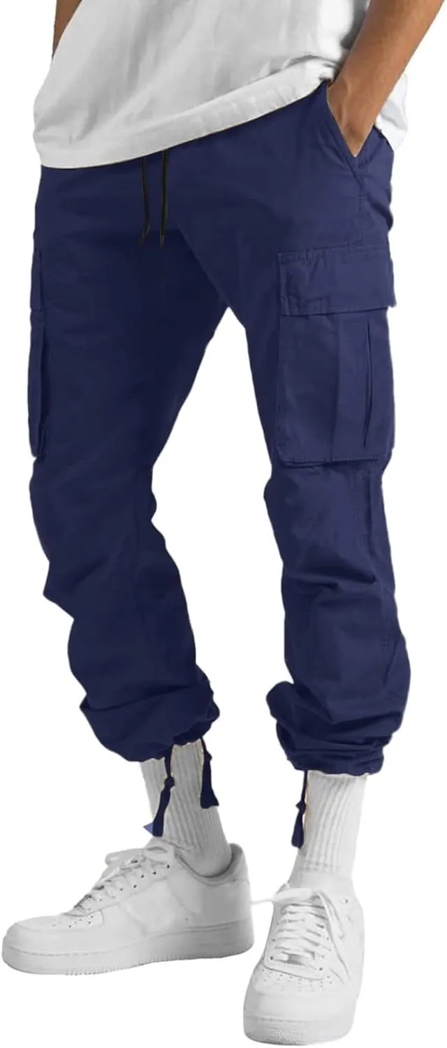 Mens Sweatpants Joggers Slim Fit Cargo Pants Plain Casual Straight Leg Trousers Drawstring Slacks with Pockets Trendy