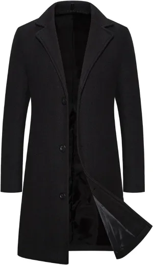 Men's Wool Blend Pea Coat Warm Winter Trench Coats Notched Collar Single Breasted Overcoat Topcoat for Business Work
