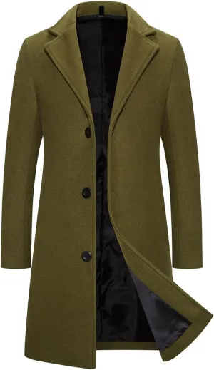 Men's Wool Blend Pea Coat Warm Winter Trench Coats Notched Collar Single Breasted Overcoat Topcoat for Business Work