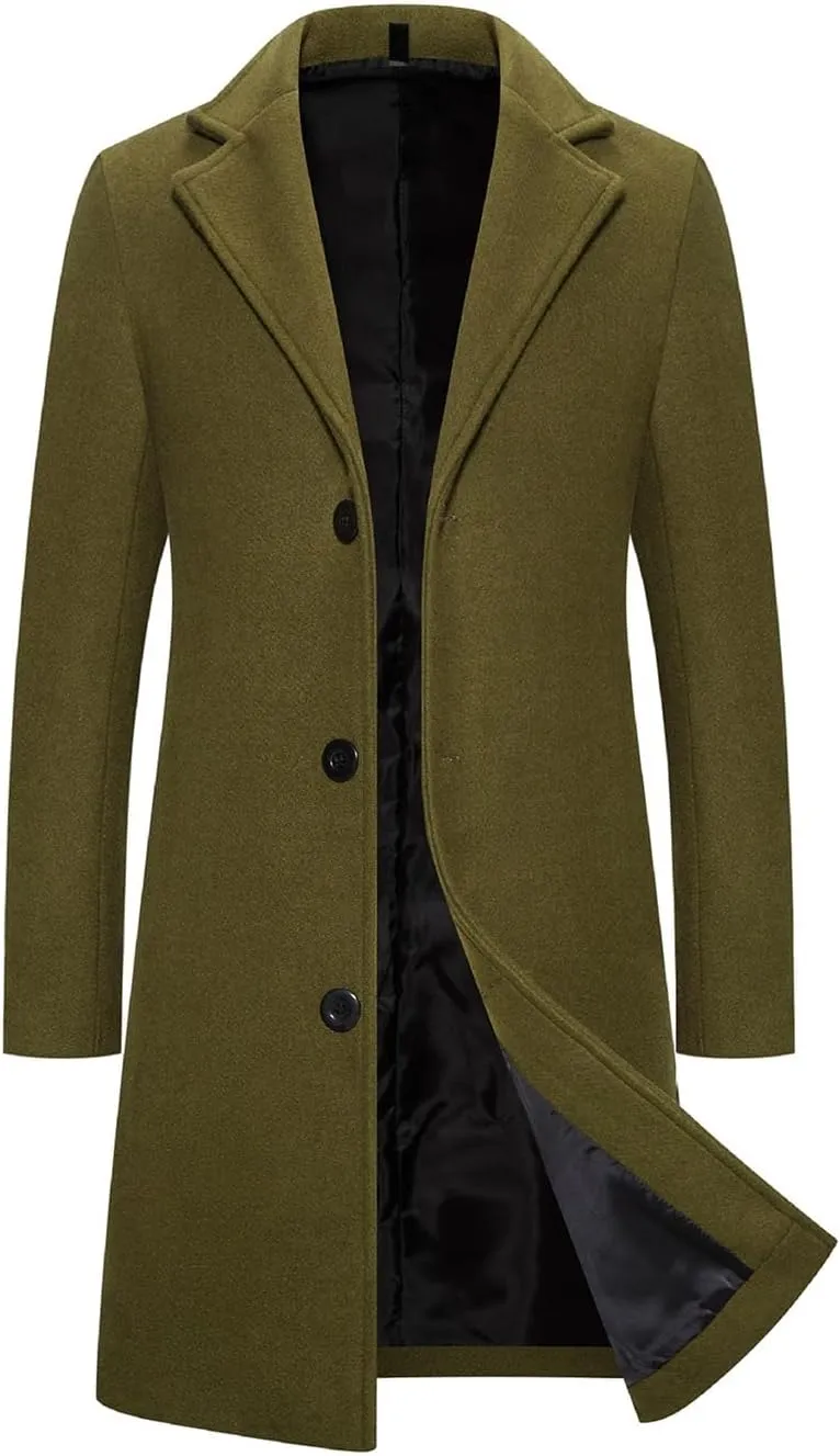 Men's Wool Blend Pea Coat Warm Winter Trench Coats Notched Collar Single Breasted Overcoat Topcoat for Business Work