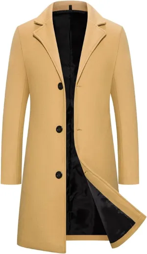 Men's Wool Blend Pea Coat Warm Winter Trench Coats Notched Collar Single Breasted Overcoat Topcoat for Business Work