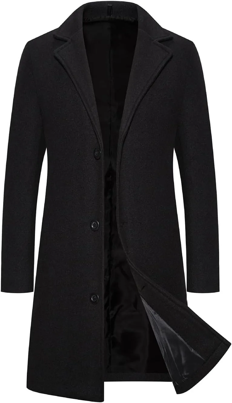 Men's Wool Blend Pea Coat Warm Winter Trench Coats Notched Collar Single Breasted Overcoat Topcoat for Business Work