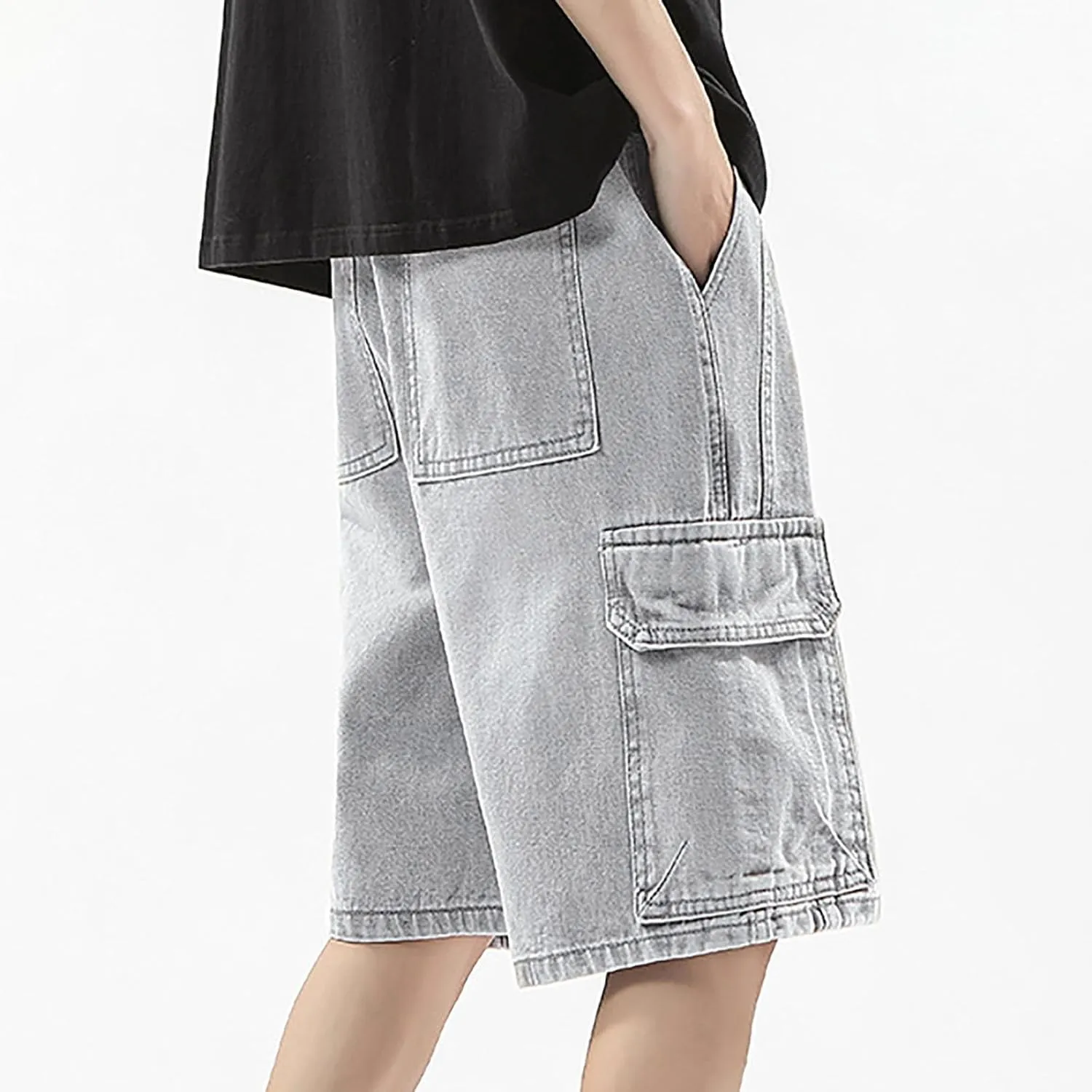 Mens Y2K Grunge Baggy Jean Shorts Casual Hip Hop Aesthetic Pants Loose Fit Denim Shorts Streetwear Clothes
