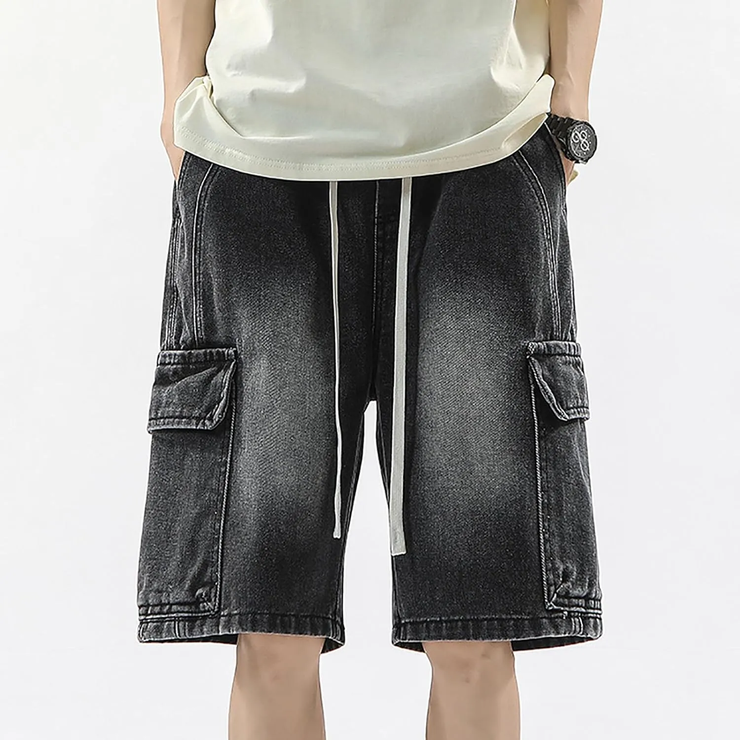 Mens Y2K Grunge Baggy Jean Shorts Casual Hip Hop Aesthetic Pants Loose Fit Denim Shorts Streetwear Clothes