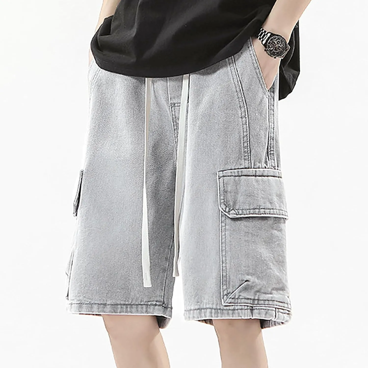Mens Y2K Grunge Baggy Jean Shorts Casual Hip Hop Aesthetic Pants Loose Fit Denim Shorts Streetwear Clothes