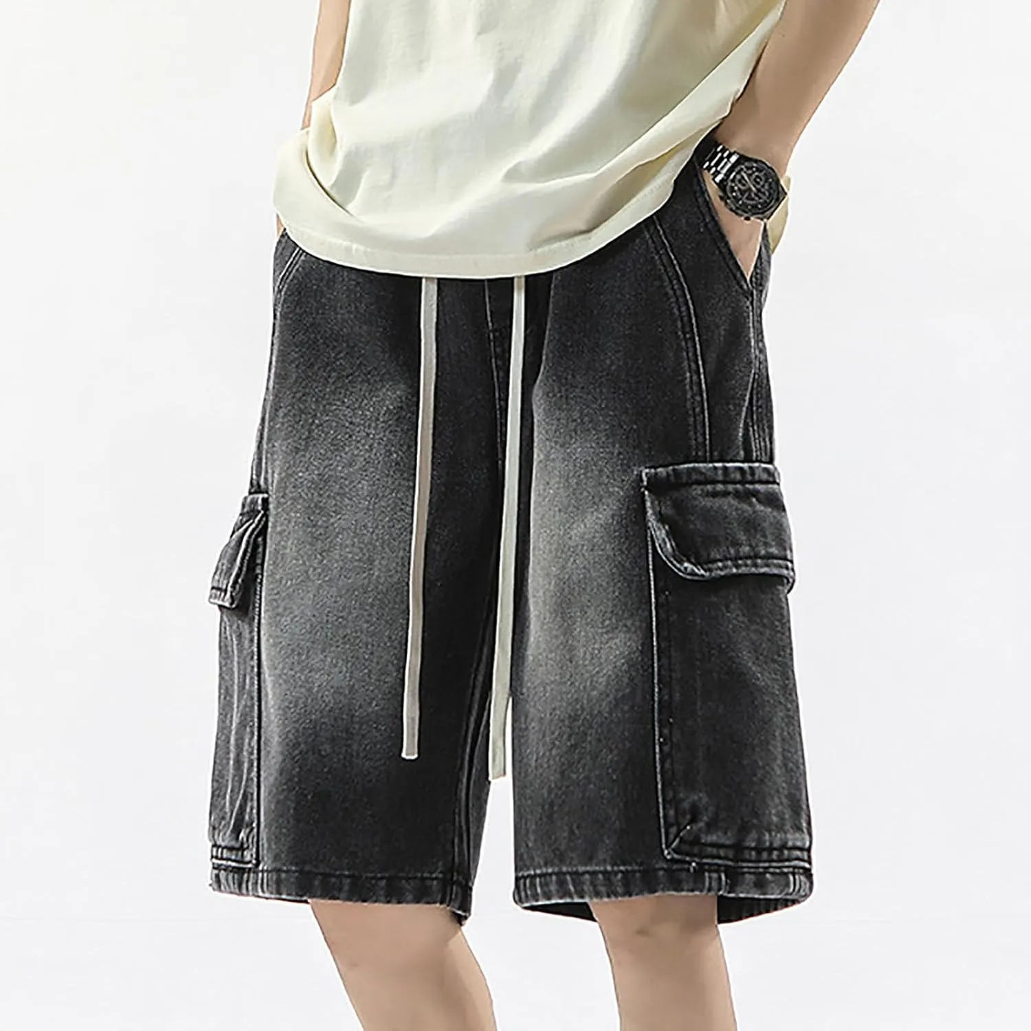 Mens Y2K Grunge Baggy Jean Shorts Casual Hip Hop Aesthetic Pants Loose Fit Denim Shorts Streetwear Clothes