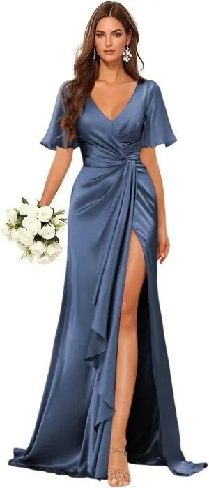 Mermaid V Neck Satin Bridesmaid Dresses for Wedding Long Ruched Split Formal Evening Gowns Ruffle Hem Dress