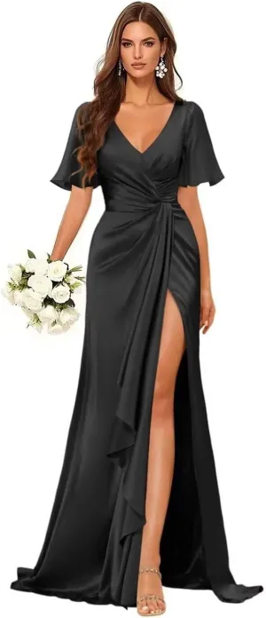 Mermaid V Neck Satin Bridesmaid Dresses for Wedding Long Ruched Split Formal Evening Gowns Ruffle Hem Dress