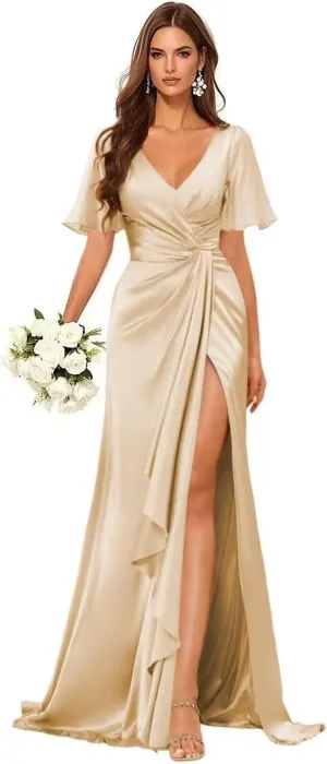 Mermaid V Neck Satin Bridesmaid Dresses for Wedding Long Ruched Split Formal Evening Gowns Ruffle Hem Dress