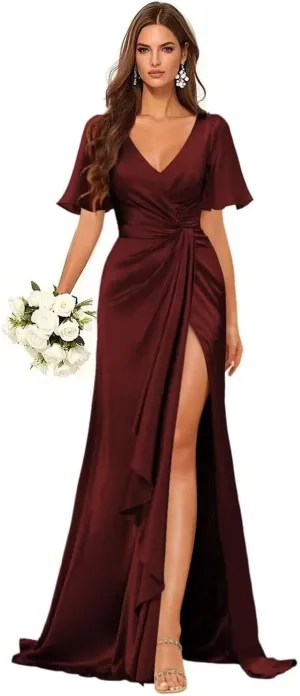 Mermaid V Neck Satin Bridesmaid Dresses for Wedding Long Ruched Split Formal Evening Gowns Ruffle Hem Dress