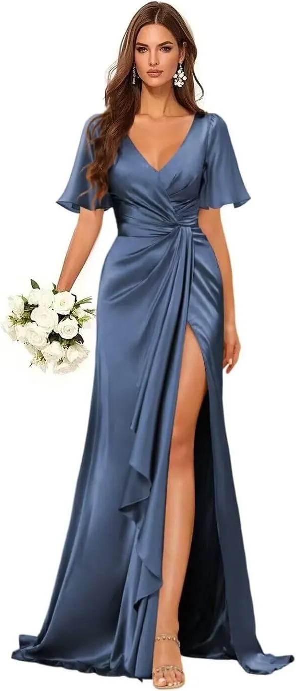 Mermaid V Neck Satin Bridesmaid Dresses for Wedding Long Ruched Split Formal Evening Gowns Ruffle Hem Dress