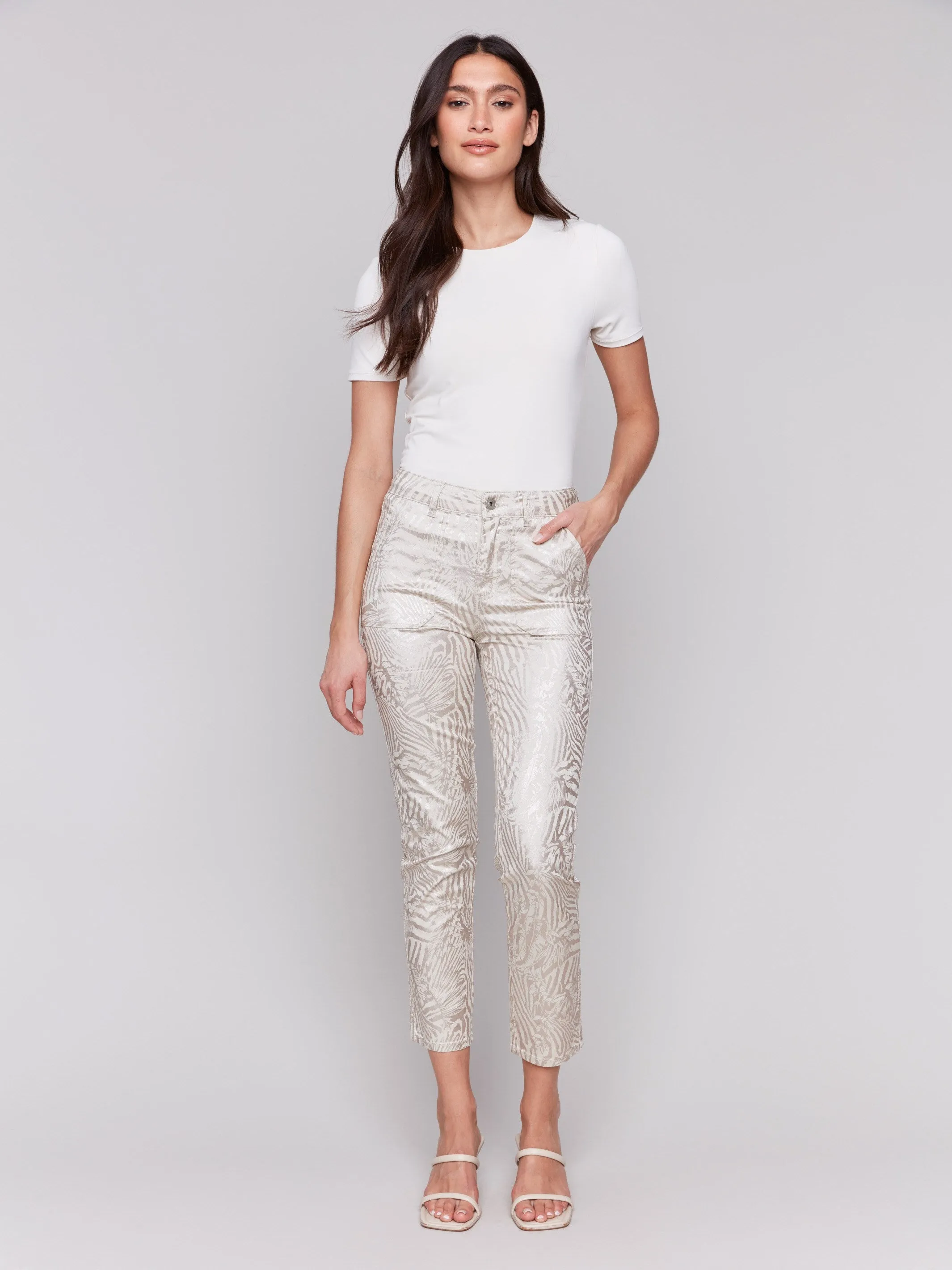 Metallic Print Twill Pants - Zebra