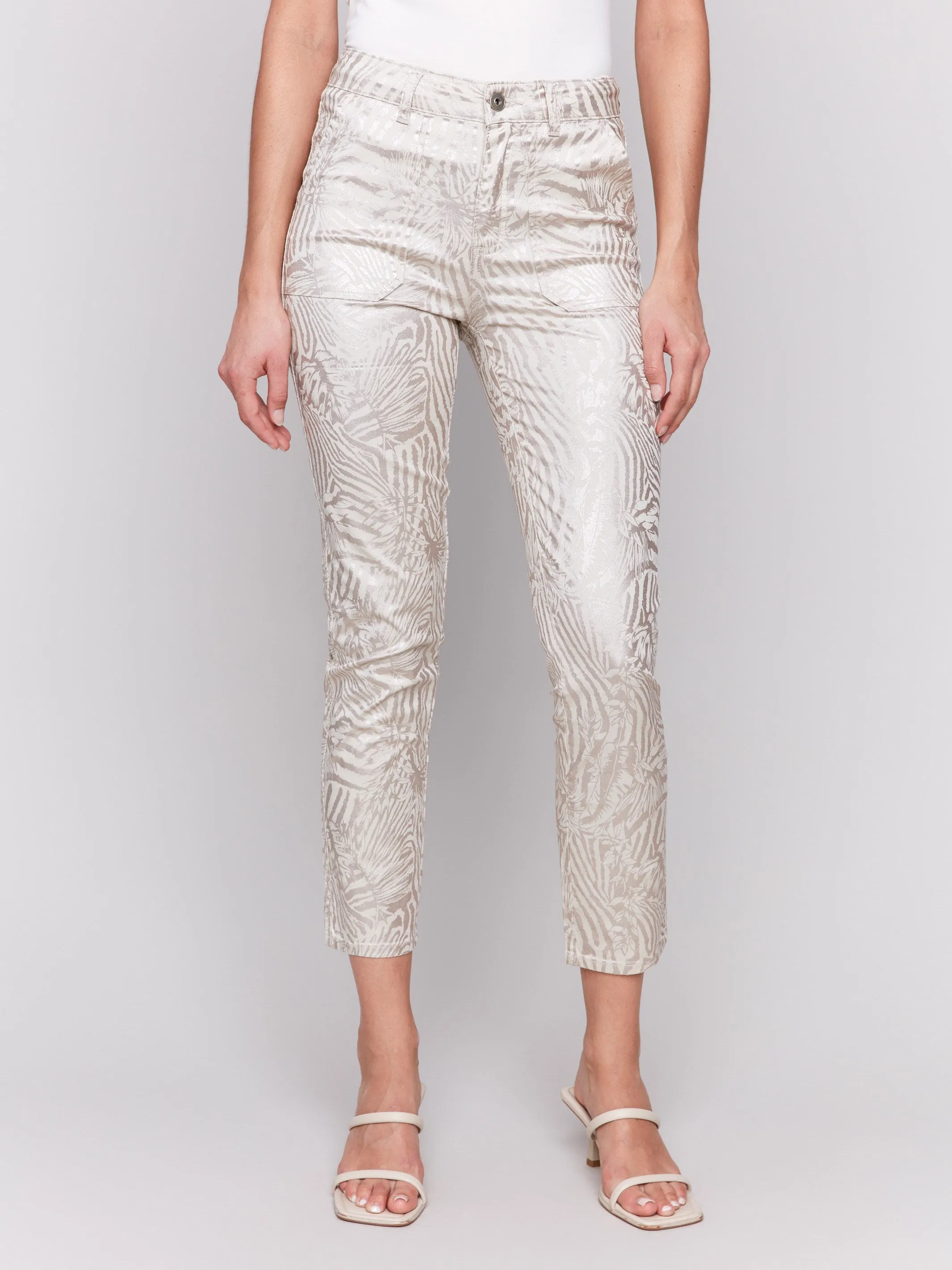 Metallic Print Twill Pants - Zebra