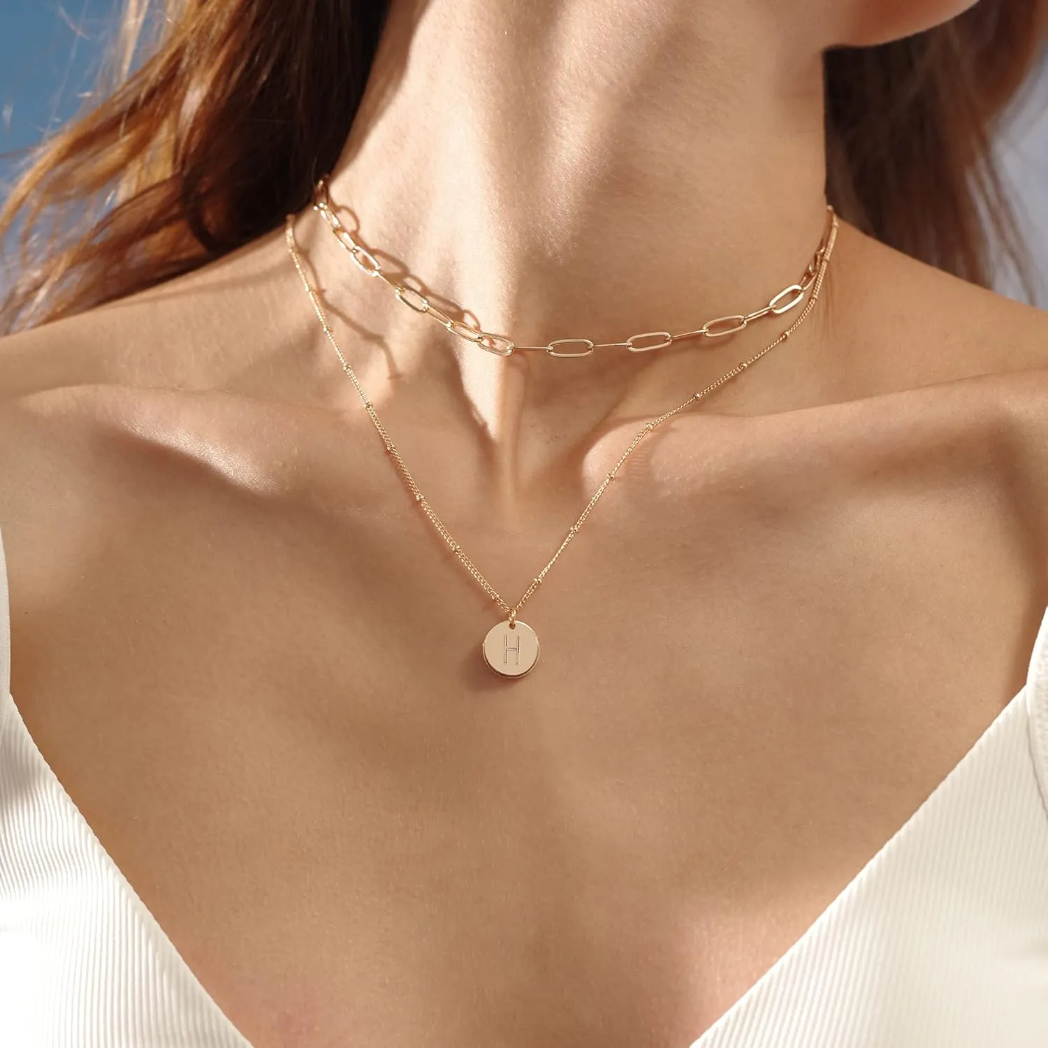 MEVECCO Gold Initial Necklaces For Women 18K Gold Plated Minimalist Double Layered Letter Necklace Personalized Paperclip Link Chain Chokers Dainty Jewelry Gift For Her