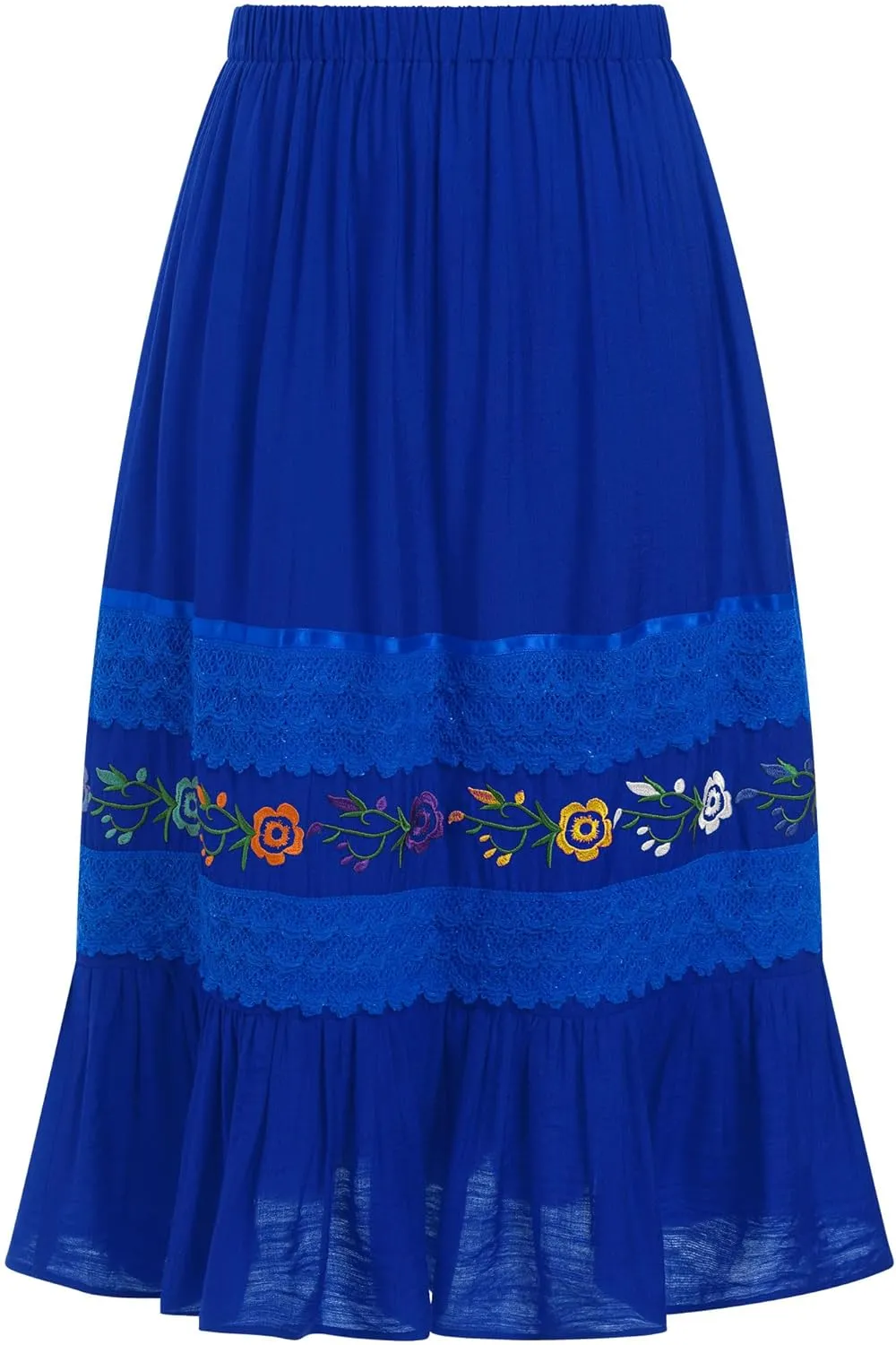 Mexican Skirts for Women Lace Floral Embroidered High Waist Ruffle A-Line Midi Skirt Summer Casual Beach