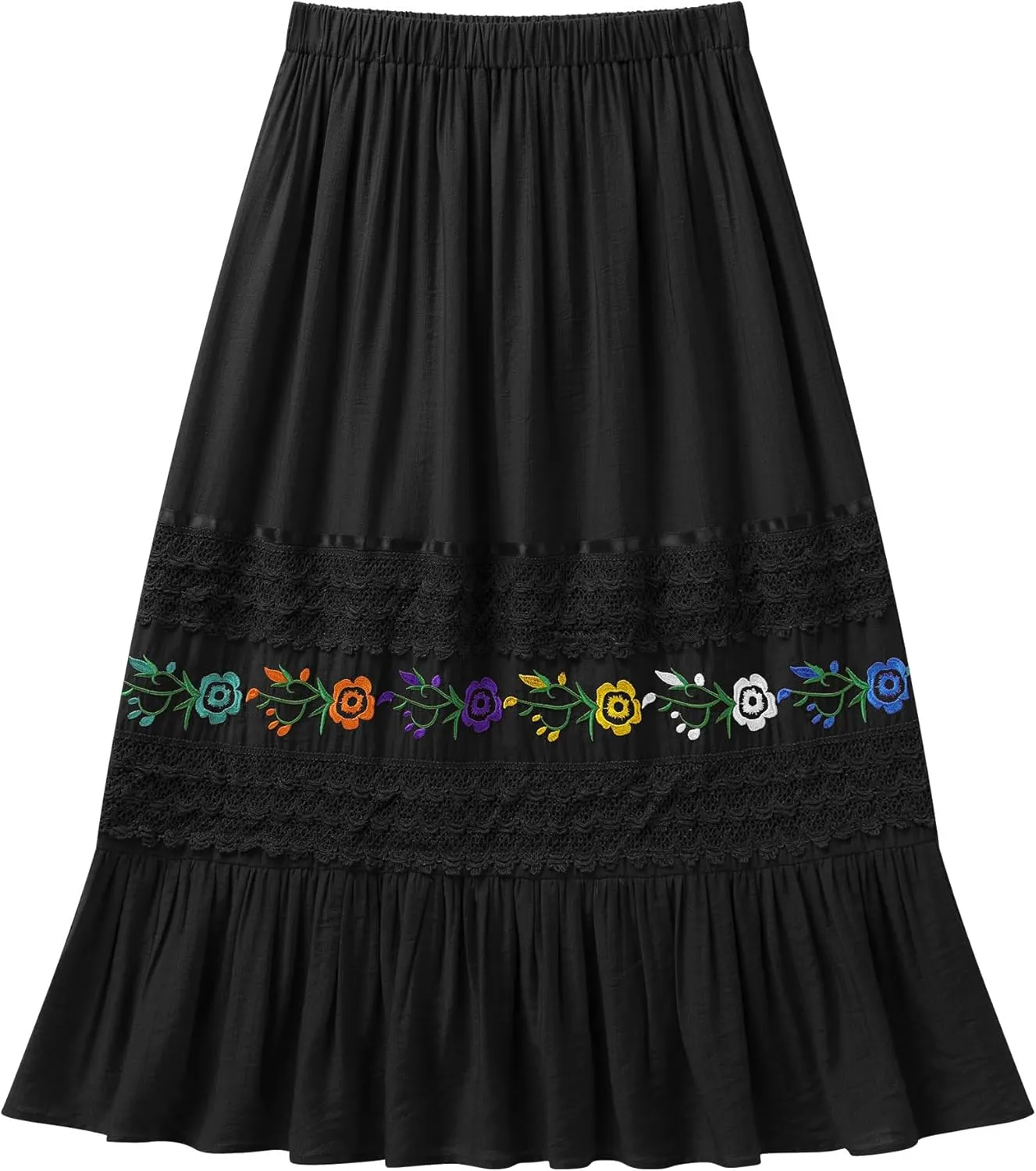 Mexican Skirts for Women Lace Floral Embroidered High Waist Ruffle A-Line Midi Skirt Summer Casual Beach