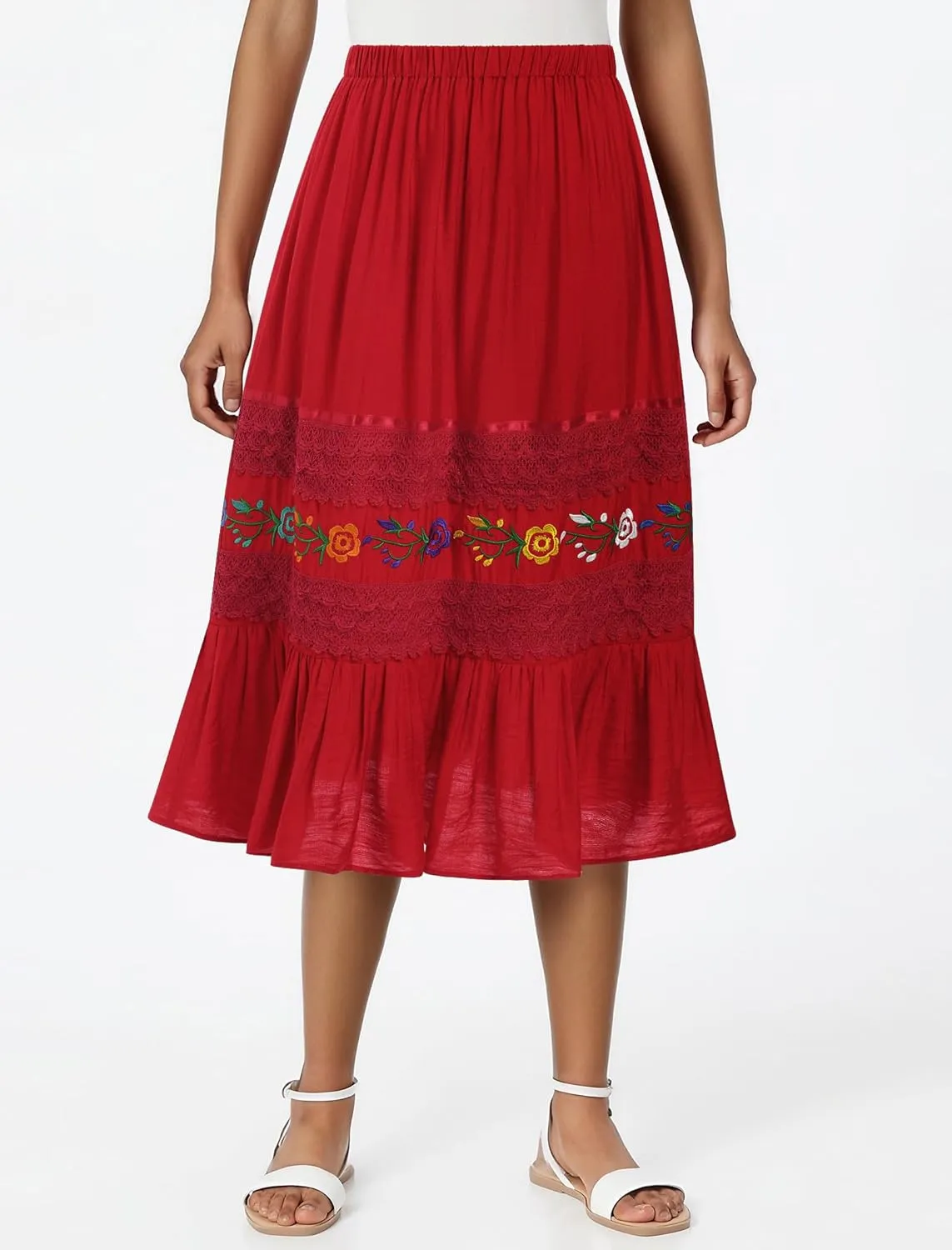 Mexican Skirts for Women Lace Floral Embroidered High Waist Ruffle A-Line Midi Skirt Summer Casual Beach
