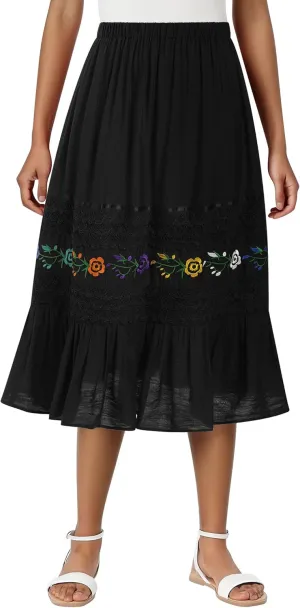Mexican Skirts for Women Lace Floral Embroidered High Waist Ruffle A-Line Midi Skirt Summer Casual Beach