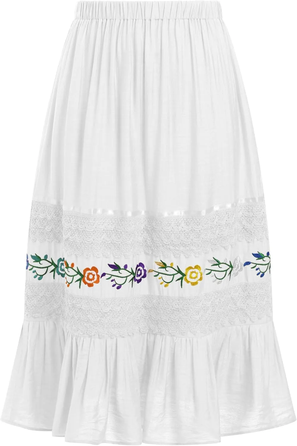 Mexican Skirts for Women Lace Floral Embroidered High Waist Ruffle A-Line Midi Skirt Summer Casual Beach