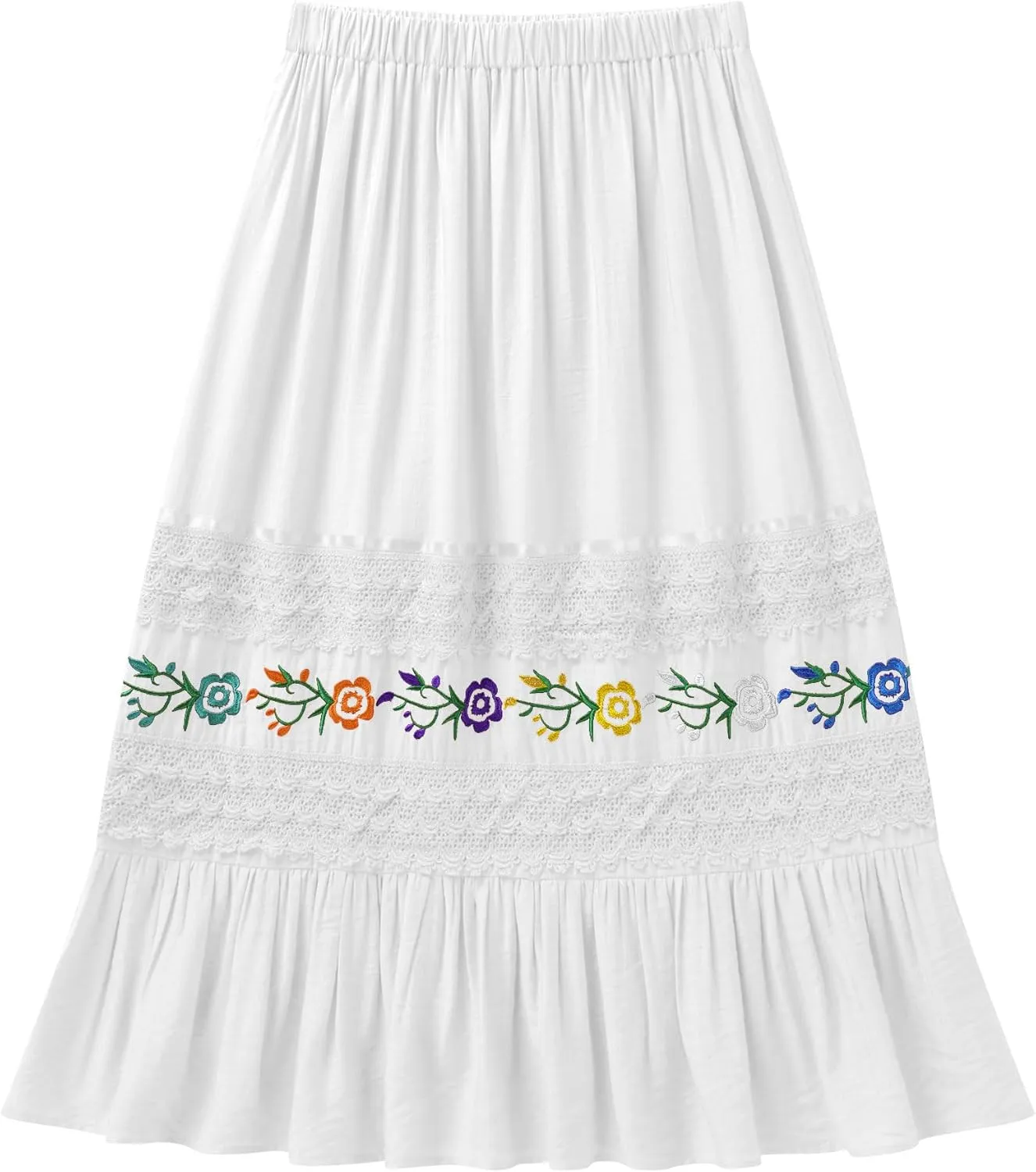 Mexican Skirts for Women Lace Floral Embroidered High Waist Ruffle A-Line Midi Skirt Summer Casual Beach
