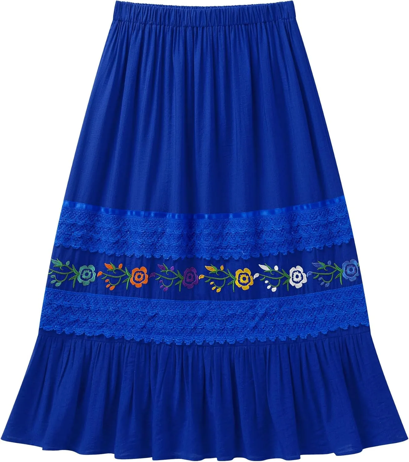 Mexican Skirts for Women Lace Floral Embroidered High Waist Ruffle A-Line Midi Skirt Summer Casual Beach
