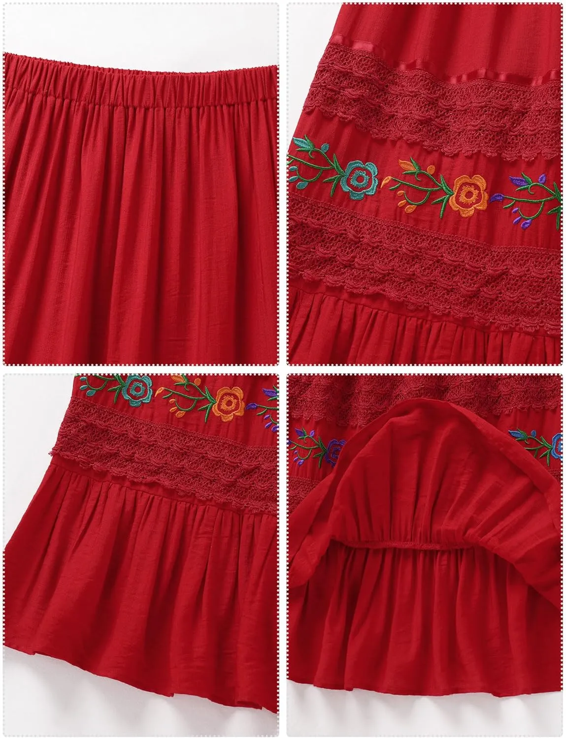 Mexican Skirts for Women Lace Floral Embroidered High Waist Ruffle A-Line Midi Skirt Summer Casual Beach