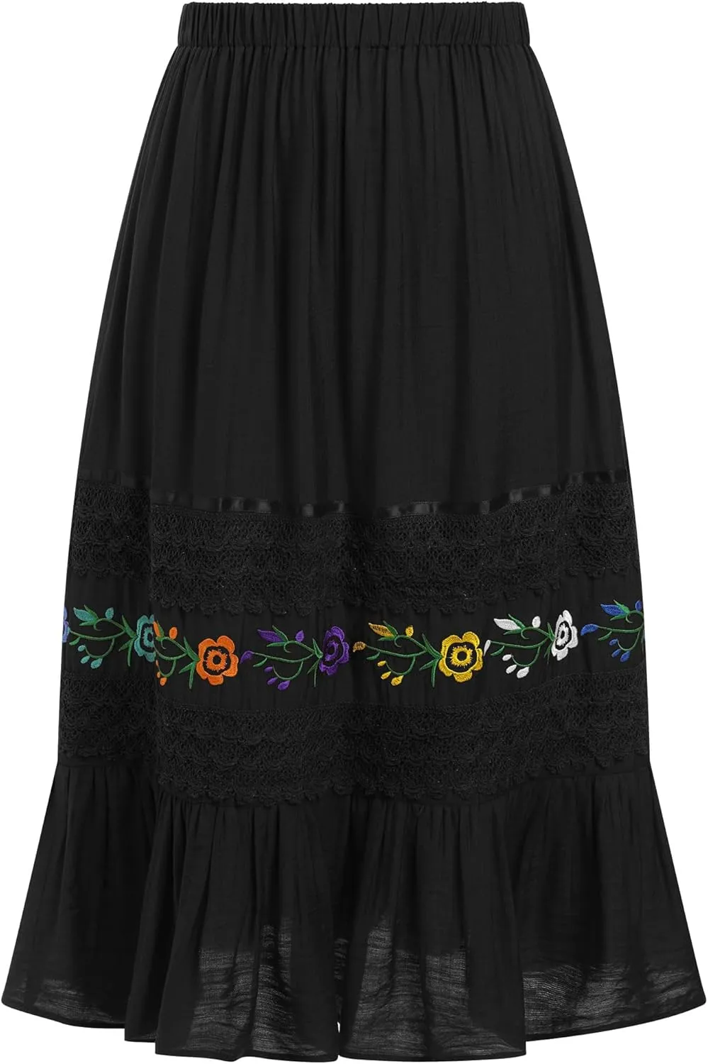 Mexican Skirts for Women Lace Floral Embroidered High Waist Ruffle A-Line Midi Skirt Summer Casual Beach