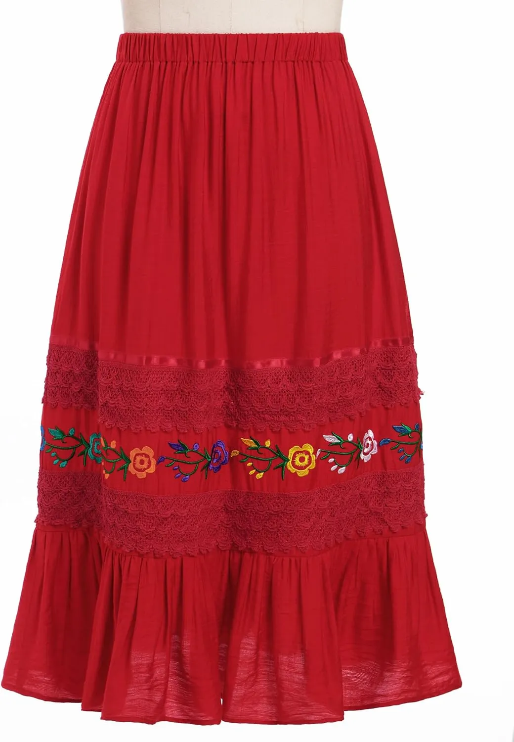 Mexican Skirts for Women Lace Floral Embroidered High Waist Ruffle A-Line Midi Skirt Summer Casual Beach